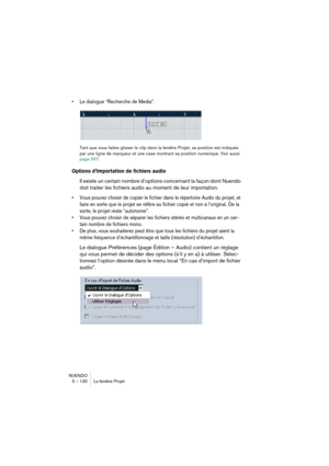 Page 130NUENDO
5 – 130 La fenêtre Projet
•Le dialogue “Recherche de Media”.
Tant que vous faites glisser le clip dans la fenêtre Projet, sa position est indiquée 
par une ligne de marqueur et une case montrant sa position numérique. Voir aussi 
page 507.
Options d’Importation de fichiers audio
Il existe un certain nombre d’options concernant la façon dont Nuendo 
doit traiter les fichiers audio au moment de leur importation.
•Vous pouvez choisir de copier le fichier dans le répertoire Audio du projet, et 
faire...