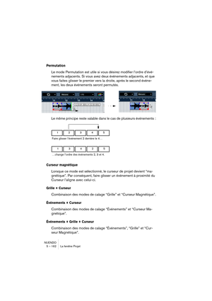 Page 162NUENDO
5 – 162 La fenêtre Projet
Permutation
Le mode Permutation est utile si vous désirez modifier l’ordre d’évé-
nements adjacents. Si vous avez deux événements adjacents, et que 
vous faites glisser le premier vers la droite, après le second événe-
ment, les deux événements seront permutés.
Le même principe reste valable dans le cas de plusieurs événements :
Curseur magnétique
Lorsque ce mode est sélectionné, le curseur de projet devient “ma-
gnétique”. Par conséquent, faire glisser un événement à...