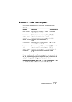 Page 191NUENDO
Utilisation des marqueurs 8 – 191
Raccourcis clavier des marqueurs
Vous pouvez utiliser des raccourcis clavier pour les opérations 
suivantes :
Si vous avez besoin de modifier les assignations des raccourcis cla-
vier, les commandes concernant les marqueurs se trouvent dans la 
catégorie Transport du dialogue des Raccourcis clavier.
•Pour que les commandes [Maj.]-[Pavé 1] à [Pavé 9] fonctionnent, il faut 
que Num Lock soit désactivé sur le clavier de l’ordinateur !
Opération Description Touche par...