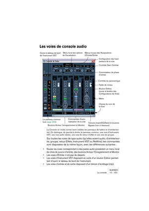 Page 231NUENDO
La console 10 – 231
Les voies de console audio
La Console en mode normal (sont visibles les panneaux de faders et d’entrée/sor-
tie). On distingue, de gauche à droite, le panneau commun, une voie d’Instrument 
VST, une voie audio stéréo, une voie de retour d’effet et une voie de groupe.
Sur toutes les voies de type audio (qu’elles soient audio, d’entrée/sor-
tie, groupe, retour Effets, Instrument VST ou ReWire), les commandes 
sont disposées de la même façon, avec les différences suivantes :...