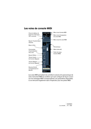 Page 233NUENDO
La console 10 – 233
Les voies de console MIDI
Les voies MIDI permettent de contrôler le volume et le panoramique de 
votre instrument MIDI (à condition qu’il soit configuré de façon à rece-
voir les messages MIDI correspondants). Les paramètres disponibles 
ici se retrouvent également dans l’Inspecteur pour les pistes MIDI.
Fader de niveau 
(volume MIDI) Mètre (vélocité)
Commandes 
d’automatisation 
de la voiePanoramique
Boutons Activer 
l’enregistrement et 
MonitorMenu local d’assignation 
de...