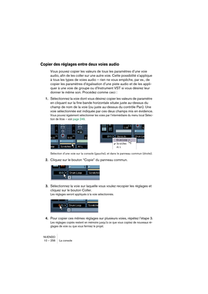 Page 256NUENDO
10 – 256 La console
Copier des réglages entre deux voies audio
Vous pouvez copier les valeurs de tous les paramètres d’une voie 
audio, afin de les coller sur une autre voie. Cette possibilité s’applique 
à tous les types de voies audio – rien ne vous empêche, par ex., de 
copier les paramètres d’égalisation d’une piste audio et de les appli-
quer à une voie de groupe ou d’Instrument VST si vous désirez leur 
donner le même son. Procédez comme ceci :
1.Sélectionnez la voie dont vous désirez copier...