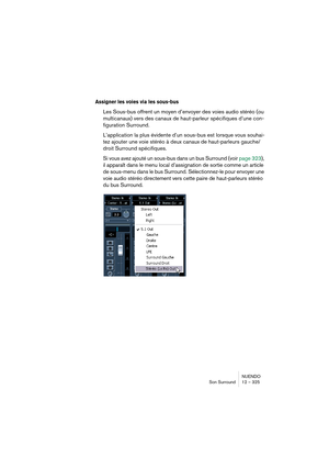 Page 325NUENDO
Son Surround 12 – 325
Assigner les voies via les sous-bus
Les Sous-bus offrent un moyen d’envoyer des voies audio stéréo (ou 
multicanaux) vers des canaux de haut-parleur spécifiques d’une con-
figuration Surround.
L’application la plus évidente d’un sous-bus est lorsque vous souhai-
tez ajouter une voie stéréo à deux canaux de haut-parleurs gauche/
droit Surround spécifiques.
Si vous avez ajouté un sous-bus dans un bus Surround (voir page 323), 
il apparaît dans le menu local d’assignation de...