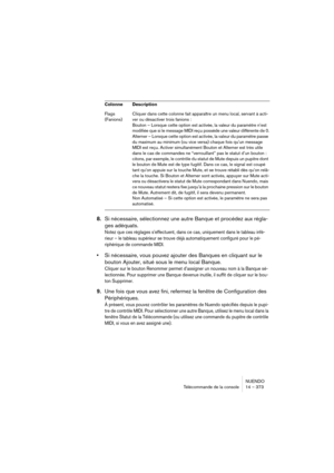 Page 373NUENDO
Télécommande de la console 14 – 373
8.Si nécessaire, sélectionnez une autre Banque et procédez aux régla-
ges adéquats.
Notez que ces réglages s’effectuent, dans ce cas, uniquement dans le tableau infé-
rieur – le tableau supérieur se trouve déjà automatiquement configuré pour le pé-
riphérique de commande MIDI.
•Si nécessaire, vous pouvez ajouter des Banques en cliquant sur le 
bouton Ajouter, situé sous le menu local Banque.
Cliquer sur le bouton Renommer permet d’assigner un nouveau nom à la...