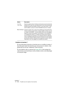 Page 484NUENDO
19 – 484 Travailler avec les repères et les tranches
Combien de tranches ?
Si vous découpez la boucle en tranches pour en modifier le tempo, il 
faut découper autant de tranches que vous pouvez en obtenir, mais 
jamais plus qu’une par “battement” dans la boucle. 
Si vous désirez créer un groove (voir page 491), il faut essayer de 
créer environ une tranche par croche, double croche, voire davantage 
si la boucle l’exige.
1/4, 1/8, 
1/16, 1/32Seuls les repères situés à l’intérieur de la boucle qui...