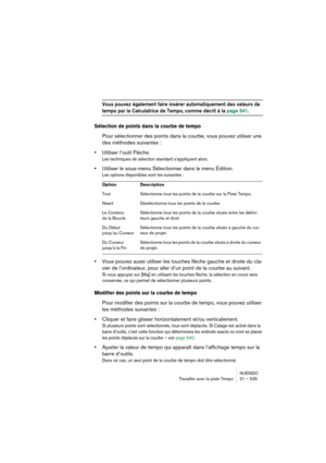 Page 535NUENDO
Travailler avec la piste Tempo 21 – 535
Vous pouvez également faire insérer automatiquement des valeurs de 
tempo par la Calculatrice de Tempo, comme décrit à la page 541.
Sélection de points dans la courbe de tempo
Pour sélectionner des points dans la courbe, vous pouvez utiliser une 
des méthodes suivantes :
•Utiliser l’outil Flèche.
Les techniques de sélection standard s’appliquent alors.
•Utiliser le sous-menu Sélectionner dans le menu Édition.
Les options disponibles sont les suivantes :...