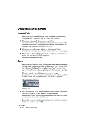 Page 672NUENDO
29 – 672 Gestion des fichiers
Opérations sur les fichiers
Nouveau Projet
La commande Nouveau Projet du menu Fichier permet de créer un 
nouveau projet, initialement vide ou à partir d’un modèle :
1.Choisissez Nouveau Projet dans le menu Fichier.
Une liste de modèles est affichée. Lorsque vous installez Nuendo, un certain nombre 
de modèles correspondant à différents types de projets sont inclus, mais il vous est 
possible de créer vos propres modèles (voir page 675).
2.Choisissez un modèle dans la...