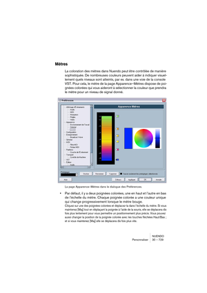 Page 729NUENDO
Personnaliser 30 – 729
Mètres
La coloration des mètres dans Nuendo peut être contrôlée de manière 
sophistiquée. De nombreuses couleurs peuvent aider à indiquer visuel-
lement quels niveaux sont atteints, par ex. dans une voie de la console 
VST. Pour cela, le mètre de la page Apparence–Mètres dispose de poi-
gnées colorées qui vous aideront à sélectionner la couleur que prendra 
le mètre pour un niveau de signal donné.
La page Apparence–Mètres dans le dialogue des Préférences.
•Par défaut, il y a...