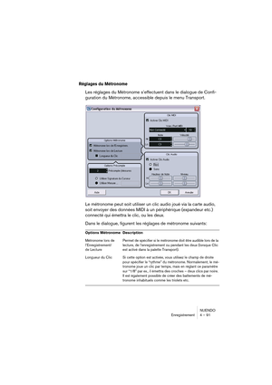 Page 91NUENDO
Enregistrement 4 – 91
Réglages du Métronome
Les réglages du Métronome s’effectuent dans le dialogue de Confi-
guration du Métronome, accessible depuis le menu Transport.
Le métronome peut soit utiliser un clic audio joué via la carte audio, 
soit envoyer des données MIDI à un périphérique (expandeur etc.) 
connecté qui émettra le clic, ou les deux.
Dans le dialogue, figurent les réglages de métronome suivants:
Options Métronome Description
Métronome lors de 
l’Enregistrement/
de LecturePermet de...