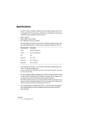 Page 14 
NUENDO
4 – 14 JL Cooper CS-10 
Spécifications
 
Le CS-10 peut contrôler à distance 32 voies (par groupe de 8). Les 
commandes CS-10 suivantes contrôlent les paramètres mentionnés 
ci-dessous pour chaque tranche de voie : 
•Fader : Volume
•Solo et Mute : Solo et Muet
•Sel : Sélection de voie pour édition
 
Les paramètres suivants peuvent être contrôlés à distance pour cha-
que voie sélectionnée au moyen des six potentiomètres du CS-10 : 
• 
Les touches de fonction 1 à 4 du CS-10 servent à sélectionner...