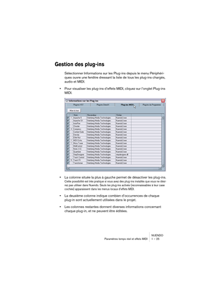 Page 25 
NUENDO
Paramètres temps réel et effets MIDI 1 – 25 
Gestion des plug-ins
 
Sélectionner Informations sur les Plug-ins depuis le menu Périphéri-
ques ouvre une fenêtre dressant la liste de tous les plug-ins chargés, 
audio et MIDI. 
• 
Pour visualiser les plug-ins d’effets MIDI, cliquez sur l’onglet Plug-ins 
MIDI. 
• 
La colonne située la plus à gauche permet de désactiver les plug-ins. 
Cette possibilité est très pratique si vous avez des plug-ins installés que vous ne dési-
rez pas utiliser dans...