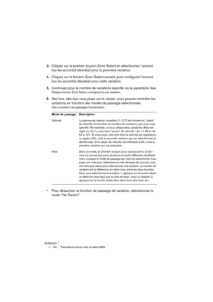 Page 40NUENDO
1 – 40 Paramètres temps réel et effets MIDI
3.Cliquez sur le premier bouton Zone Select et sélectionnez l’accord 
(ou les accords) désiré(s) pour la première variation.
4.Cliquez sur le bouton Zone Select suivant, puis configurez l’accord 
(ou les accords) désiré(s) pour cette variation.
5.Continuez pour le nombre de variations spécifié via le paramètre Use.
Chaque bouton Zone Select correspond à une variation.
6.Dès lors, dès que vous jouez sur le clavier, vous pouvez contrôler les 
variations en...