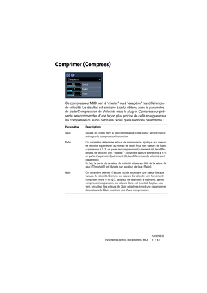 Page 41NUENDO
Paramètres temps réel et effets MIDI 1 – 41
Comprimer (Compress)
Ce compresseur MIDI sert à “niveler” ou à “exagérer” les différences 
de vélocité. Le résultat est similaire à celui obtenu avec le paramètre 
de piste Compression de Vélocité, mais le plug-in Compresseur pré-
sente ses commandes d’une façon plus proche de celle en vigueur sur 
les compresseurs audio habituels. Voici quels sont ces paramètres :
Paramètre Description
Seuil Seules les notes dont la vélocité dépasse cette valeur seront...