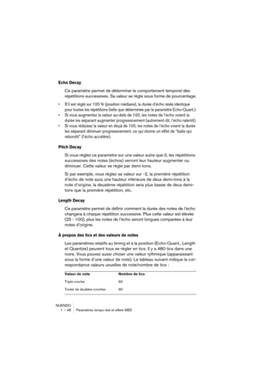 Page 48NUENDO
1 – 48 Paramètres temps réel et effets MIDI
Echo Decay
Ce paramètre permet de déterminer le comportement temporel des 
répétitions successives. Sa valeur se règle sous forme de pourcentage.
•S’il est réglé sur 100 % (position médiane), la durée d’écho reste identique 
pour toutes les répétitions (telle que déterminée par le paramètre Echo-Quant.).
•Si vous augmentez la valeur au-delà de 100, les notes de l’écho voient la 
durée les séparant augmenter progressivement (autrement dit, l’écho...