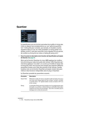 Page 50NUENDO
1 – 50 Paramètres temps réel et effets MIDI
Quantizer
La quantification est une fonction permettant de modifier le timing des 
notes en alignant leurs emplacements sur une “grille de quantifica-
tion”. Cette grille peut consister, par exemple, en doubles croches 
régulières (dans ce cas, les notes possèdent un timing parfait “à la 
double croche”), mais peut aussi être moins régulière (ce qui permet 
de conférer au timing de vos notes un feeling de swing, etc.).
•Vous trouverez la description de...