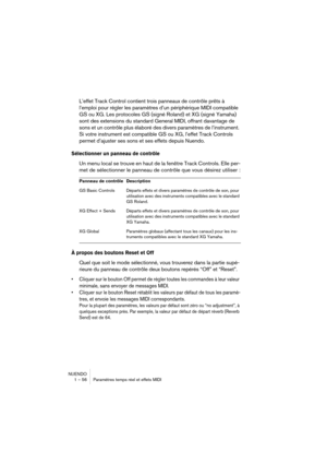 Page 56NUENDO
1 – 56 Paramètres temps réel et effets MIDI
L’effet Track Control contient trois panneaux de contrôle prêts à 
l’emploi pour régler les paramètres d’un périphérique MIDI compatible 
GS ou XG. Les protocoles GS (signé Roland) et XG (signé Yamaha) 
sont des extensions du standard General MIDI, offrant davantage de 
sons et un contrôle plus élaboré des divers paramètres de l’instrument. 
Si votre instrument est compatible GS ou XG, l’effet Track Controls 
permet d’ajuster ses sons et ses effets...