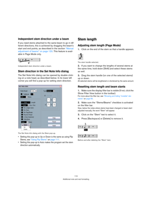 Page 112112
Additional note and rest formatting
Independent stem direction under a beam
If you need stems attached to the same beam to go in dif-
ferent directions, this is achieved by dragging the beam’s 
start and end points, as described in the section “Manual 
adjustment of beams” on page 120. This feature is avail-
able in Page Mode only.
Independent stem direction under a beam.
Stem direction in the Set Note Info dialog
The Set Note Info dialog can be opened by double-click-
ing on a note head, as...