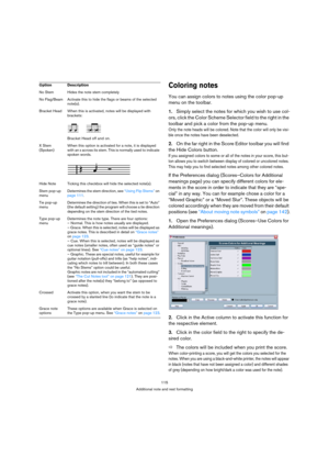 Page 115115
Additional note and rest formatting
Coloring notes
You can assign colors to notes using the color pop-up 
menu on the toolbar.
1.Simply select the notes for which you wish to use col-
ors, click the Color Scheme Selector field to the right in the 
toolbar and pick a color from the pop-up menu.
Only the note heads will be colored. Note that the color will only be visi-
ble once the notes have been deselected.
2.On the far right in the Score Editor toolbar you will find 
the Hide Colors button.
If you...