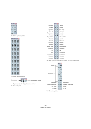 Page 130130
Working with symbols The “Chord Symbols” palette.
The “Guitar Symbols” palette.
The “Clef etc.” palette.The “Note Symbols” palette. These symbols are always tied to a note.
The “Dynamics” palette.
Clef change
Time signature change
Key change (and/or display transpose change)
Bow up Pizzicato
Tremolo Thumb pos.
Closed Hihat Open Hihat
Staccato Accent
Fermata Fermata
Glissando Glissando
Articulation Doit
Articulation Articulation
StaccatoStaccato Tenuto Staccato
Bow down
Tremolo
Accent
Staccato
Spoken...