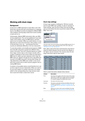 Page 5050
Editing drums
Working with drum maps
Background
A drum kit in a MIDI instrument is most often a set of dif-
ferent drum sounds with each sound placed on a separate 
key (i.e. the different sounds are assigned to different MIDI 
note numbers). One key plays a bass drum sound, another 
a snare and so on.
Unfortunately, different MIDI instruments often use differ-
ent key assignments. This can be troublesome if you have 
made a drum pattern using one MIDI device, and then 
want to try it on another. When...