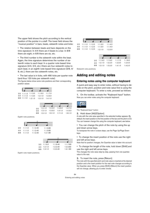 Page 8484
Entering and editing notes
The upper field shows the pitch according to the vertical 
position of the pointer in a staff. The lower field shows the 
“musical position” in bars, beats, sixteenth notes and ticks:
The relation between beats and bars depends on the 
time signature: In 4/4 there are 4 beats to a bar. In 8/8 
there are eight, in 6/8 there are six, etc.
The third number is the sixteenth note within the beat. 
Again, the time signature determines the number of six-
teenth notes to each beat....