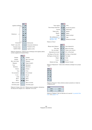 Page 139139
Trabajando con símbolos Paleta de “Dinámicos”. Observe que se distingue entre ligadura aditiva 
normal y ligadura de fraseado (Fras.)
Paleta de “Líneas, trinos, etc.” Observe que los arpegios, indicadores 
de dirección de rasgueo, etc. “dependen” de la nota.Paleta de “Otros”.
Paleta de “Disposición”. Todos estos símbolos se dibujan en su propia 
“capa”.
Paleta de “Proyecto”. Estos símbolos estarán presentes en todas las 
configuraciones.
Paleta de “Palabras”. Esto se describe en la sección “La...