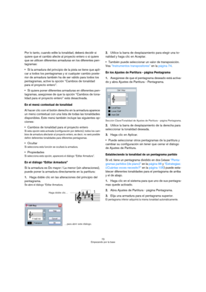 Page 7373
Empezando por la base
Por lo tanto, cuando edite la tonalidad, deberá decidir si 
quiere que el cambio afecte al proyecto entero o si quiere 
que se utilicen diferentes armaduras en los diferentes pen-
tagramas:
Si la armadura del principio de la pista se tiene que apli-
car a todos los pentagramas y si cualquier cambio poste-
rior de armadura también ha de ser válido para todos los 
pentagramas, active la opción “Cambios de tonalidad 
para el proyecto entero”.
Si quiere poner diferentes armaduras en...