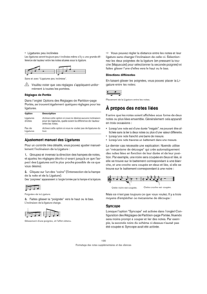 Page 129129
Formatage des notes supplémentaires et des silences
Ligatures peu inclinées
Les ligatures seront toujours peu t inclinées même s’il y a une grande dif-
férence de hauteur entre les notes situées sous la ligature.
Sans et avec “Ligatures peu inclinées”.
Réglages de Portée
Dans l’onglet Options des Réglages de Partition-page 
Portée, se trouvent également quelques réglages pour les 
ligatures.
Ajustement manuel des Ligatures
Pour un contrôle très détaillé, vous pouvez ajuster manuel-
lement...