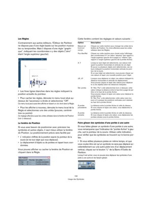 Page 150150
Usage des Symboles
Les Règles 
Contrairement aux autres éditeurs, l’Éditeur de Partition 
ne dispose pas d’une règle basée sur les position musica-
les ou temporelles. Mais il dispose d’une règle “graphi-
que”, indiquant les coordonnées x-y des objets (“zéro” 
étant l’angle supérieur gauche).
Les fines lignes blanches dans les règles indiquent la 
position actuelle du pointeur.
Pour cacher les règles, déroulez le menu local situé au-
dessus de l’ascenseur à droite et sélectionnez “Off”.
Ce menu local...