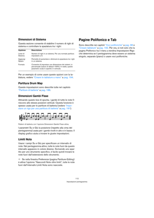 Page 112112
Impostazioni pentagramma
Dimensioni di Sistema
Questa sezione consente di stabilire il numero di righi di 
sistema e controllare la spaziatura tra i righi:
Per un esempio di come usare queste opzioni con la ta-
blatura, vedere “Creare le tablature a mano” a pag. 194.
Partitura Drum Map
Queste impostazioni sono descritte tutte nel capitolo 
“Partiture di batteria” a pag. 188.
Dimensioni Gambi Fisse
Attivando questo box di spunta, i gambi di tutte le note fi-
niscono alle stesse posizioni verticali....