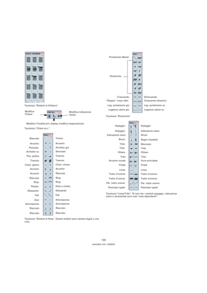 Page 133133
Lavorare con i simboli Tavolozza “Simboli di Chitarra”.
Tavolozza “Chiavi ecc.”.
Tavolozza “Simboli di Nota”. Questi simboli sono sempre legati a una 
nota.Tavolozza “Dinamiche”.
Tavolozza “Linea/Trillo”. Si noti che i simboli arpeggio, indicazione 
mano e strumentali sono tutti “nota-dipendenti”!
Modifica 
ChiaveModifica indicazione 
tempo
Modifica Tonalità (e/o display modifica trasposizione)
Archetto suPizzicato
Tremolo Pos. pollice
Charl. chiuso
Charl. aperto
Staccato Accento
Stop Stop...