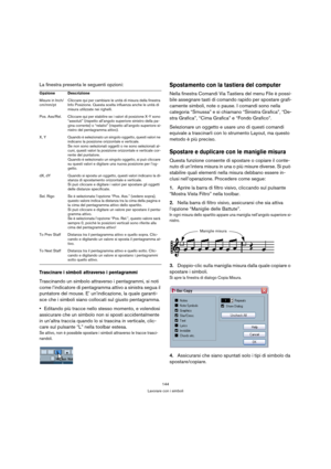 Page 144144
Lavorare con i simboli
La finestra presenta le seguenti opzioni:
Trascinare i simboli attraverso i pentagrammi
Trascinando un simbolo attraverso i pentagrammi, si noti 
come l’indicatore di pentagramma attivo a sinistra segua il 
puntatore del mouse. E’ un’indicazione, la quale garanti-
sce che i simboli siano collocati sul giusto pentagramma.
Editando più tracce nello stesso momento, e volendosi 
assicurare che un simbolo non si sposti accidentalmente 
in un’altra traccia quando lo si trascina in...