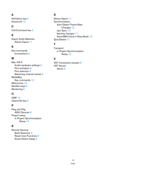 Page 1515
Index
A
Alt/Option key6
Autoscroll10
C
Ctrl/Command key6
E
Export Audio Mixdown
Stereo Export11
K
Key commands
Conventions6
M
Mac OS X
Audio hardware settings9
Port activation9
Port selection9
Retrieving channel names9
MediaBay
Key commands10
Metronome10
Modifier keys6
Monitoring9
O
OMF10
Option/Alt key6
P
Plug and Play
ASIO Devices8
Project setup
in Project Synchronization 
Setup12
R
Remote Devices
Bank Selection9
Reset User Functions9
Smart Switch Delay9
S
Stereo Export11
Synchronization
Auto-Detect...