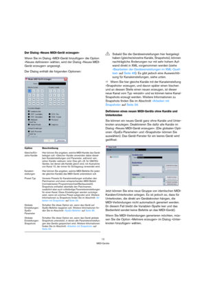 Page 1212
MIDI-Geräte
Der Dialog »Neues MIDI-Gerät erzeugen«
Wenn Sie im Dialog »MIDI-Gerät hinzufügen« die Option 
»Neues definieren« wählen, wird der Dialog »Neues MIDI-
Gerät erzeugen« angezeigt.
Der Dialog enthält die folgenden Optionen:
ÖWenn Sie hier gleiche Kanäle mit der Kanaleinstellung 
»Snapshots« erzeugen, und davon später einen löschen 
und an dessen Stelle einen neuen erzeugen, ist dieser 
neue Kanal vom Typ »einzeln« und es können keine Kanal-
Snapshots erzeugt werden. Weitere Informationen zu...