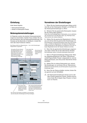 Page 105105
Notensystemeinstellungen
Einleitung
Inhalt dieses Kapitels:
 Notensystemeinstellungen
 Arbeiten mit Notensystem-Presets
Notensystemeinstellungen
Im Folgenden werden die einzelnen Notensystemeinstel-
lungen kurz beschrieben. Darüber hinaus erhalten Sie wei-
tere Informationen über die Notensystemeinstellungen und 
Verweise auf die Abschnitte im Handbuch, in denen Sie 
mehr über diese Funktionen erfahren.
Vornehmen der Einstellungen
1.Öffnen Sie den Notationseinstellungen-Dialog und kli-
cken Sie auf...