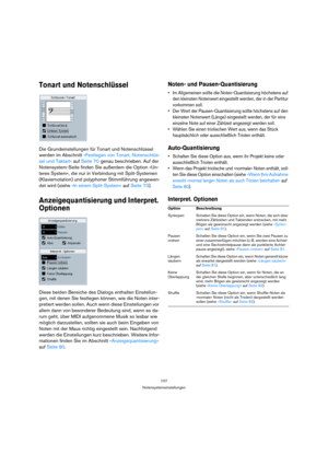 Page 107107
Notensystemeinstellungen
Tonart und Notenschlüssel
Die Grundeinstellungen für Tonart und Notenschlüssel 
werden im Abschnitt »Festlegen von Tonart, Notenschlüs-
sel und Taktart« auf Seite 70 genau beschrieben. Auf der 
Notensystem-Seite finden Sie außerdem die Option »Un-
teres System«, die nur in Verbindung mit Split-Systemen 
(Klaviernotation) und polyphoner Stimmführung angewen-
det wird (siehe »In einem Split-System« auf Seite 73).
Anzeigequantisierung und Interpret. 
Optionen
Diese beiden...