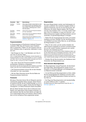 Page 1515
Die mitgelieferten VST-Instrumente
Frequenzmodulation
Im Zusammenhang mit Synthesizern bedeutet Frequenz-
modulation (FM), dass die Frequenz eines Oszillators 
(dem so genannten »Träger«) von der Frequenz eines an-
deren Oszillators (dem so genannten »Modulator«) modu-
liert wird.
Bei Prologue ist »Osc 1« der Modulator und »Osc 2« 
und »Osc 3« sind die Träger. 
»Osc 2« ist gleichtzeitig Träger und Modulator, da beim Anwenden von 
Frequenzmodulation auf »Osc 2« dieser Oszillator von »Osc 3« moduliert...