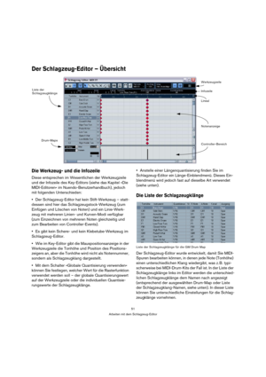Page 5151
Arbeiten mit dem Schlagzeug-Editor
Der Schlagzeug-Editor – Übersicht
Die Werkzeug- und die Infozeile
Diese entsprechen im Wesentlichen der Werkzeugzeile 
und der Infozeile des Key-Editors (siehe das Kapitel »Die 
MIDI-Editoren« im Nuendo-Benutzerhandbuch), jedoch 
mit folgenden Unterschieden:
Der Schlagzeug-Editor hat kein Stift-Werkzeug – statt-
dessen sind hier das Schlagzeugstock-Werkzeug (zum 
Einfügen und Löschen von Noten) und ein Linie-Werk-
zeug mit mehreren Linien- und Kurven-Modi verfügbar...