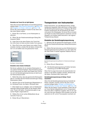 Page 7575
Grundlagen
Einstellen der Tonart für ein Split-System
Wenn Sie mit einem Split-System mit zwei Notensystemen 
arbeiten (siehe »Split-Systeme (Akkoladen)« auf Seite 100 
und »Eingeben von Noten in Stimmen« auf Seite 114), 
können Sie unterschiedliche Tonarten für das obere und 
das untere System wählen.
1.Klicken Sie in die Partitur, um ein Notensystem zu 
aktivieren. 
2.Öffnen Sie den Notationseinstellungen-Dialog (No-
tensystem-Seite).
3.Legen Sie für das obere System eine Tonart fest.
Dem unteren...