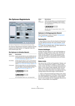 Page 8383
Aufbereiten von MIDI-Aufnahmen
Die Optionen-Registerkarte
Die Optionen-Registerkarte im Notensystemeinstellungen-Dialog 
Die Optionen-Registerkarte beinhaltet zusätzliche Einstel-
lungen für das Notensystem. Im Folgenden finden Sie 
kurze Erläuterungen dazu.
Die Optionen im Schalter-BereichOptionen im Schlagzeugnoten-Bereich
Diese Einstellungen werden im Kapitel »Schlagzeugno-
ten« auf Seite 201 beschrieben.
Systemgröße
In diesem Bereich können Sie die Anzahl der Notenlinien 
und den Abstand zwischen...