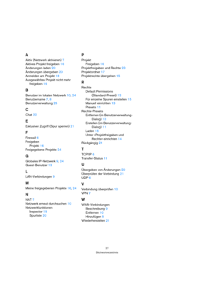 Page 2727
Stichwortverzeichnis
A
Aktiv (Netzwerk aktivieren) 7
Aktives Projekt freigeben 16
Änderungen laden 20
Änderungen übergeben 20
Anmelden am Projekt 18
Ausgewähltes Projekt nicht mehr 
freigeben 16
B
Benutzer im lokalen Netzwerk 10, 24
Benutzername 7, 8
Benutzerverwaltung 25
C
Chat 22
E
Exklusiver Zugriff (Spur sperren) 21
F
Firewall 6
Freigeben
Projekt 16
Freigegebene Projekte 24
G
Globales IP-Netzwerk 9, 24
Guest-Benutzer 13
L
LAN-Verbindungen 9
M
Meine freigegebenen Projekte 16, 24
N
NAT 7
Netzwerk...