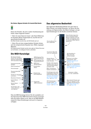Page 140140
Der Mixer
Die Status-/Bypass-Schalter für Inserts/EQs/Sends
Diese drei Schalter, die sich in jedem Audiokanalzug be-
finden, haben folgende Funktion:
Wenn für einen Kanal ein Insert- oder Send-Effekt bzw. 
ein Equalizer-Modul eingeschaltet ist, leuchtet der ent-
sprechende Schalter auf. 
Die Effekt-Schalter leuchten blau, der EQ-Schalter grün auf.
Wenn Sie auf einen eingeschalteten Schalter klicken, 
wird der entsprechende Equalizer bzw. Effekt umgangen 
(Bypass).
Die entsprechenden Schalter leuchten...