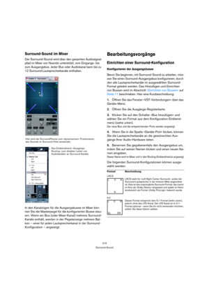 Page 219219
Surround-Sound
Surround-Sound im Mixer
Der Surround-Sound wird über den gesamten Audiosignal-
pfad im Mixer von Nuendo unterstützt, vom Eingangs- bis 
zum Ausgangsbus. Jeder Bus oder Audiokanal kann bis zu 
12 Surround-Lautsprecherkanäle enthalten.
In den Kanalzügen für die Ausgangsbusse im Mixer kön-
nen Sie die Masterpegel für die konfigurierten Busse steu-
ern. Wenn ein Bus (oder Mixer-Kanal) mehrere Surround-
Kanäle enthält, werden in der Pegelanzeige mehrere Bal-
ken – einer für jeden...