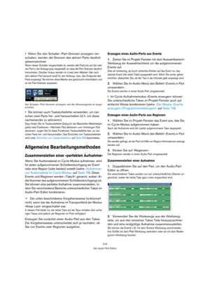 Page 315315
Der Audio-Part-Editor
Wenn Sie den Schalter »Part-Grenzen anzeigen« ein-
schalten, werden die Grenzen des aktiven Parts deutlich 
gekennzeichnet.
Wenn dieser Schalter eingeschaltet ist, werden alle Parts bis auf den akti-
ven Part in der Anzeige grau dargestellt, so dass die Part-Grenzen deutlich 
hervortreten. Darüber hinaus werden im Lineal zwei »Marker« (die nach 
dem aktiven Part benannt sind) für den Anfangs- bzw. den Endpunkt des 
Parts angezeigt. Sie können diese Marker wie gewünscht...