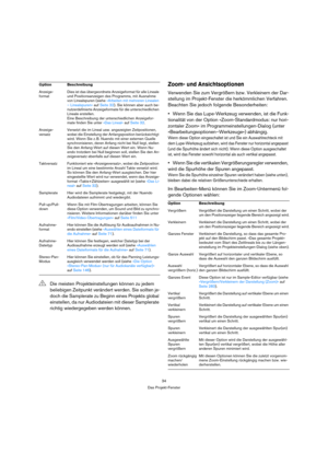 Page 3434
Das Projekt-Fenster
Zoom- und Ansichtsoptionen
Verwenden Sie zum Vergrößern bzw. Verkleinern der Dar-
stellung im Projekt-Fenster die herkömmlichen Verfahren. 
Beachten Sie jedoch folgende Besonderheiten:
Wenn Sie das Lupe-Werkzeug verwenden, ist die Funk-
tionalität von der Option »Zoom-Standardmodus: nur hori-
zontaler Zoom« im Programmeinstellungen-Dialog (unter 
»Bearbeitungsoptionen–Werkzeuge«) abhängig.
Wenn diese Option eingeschaltet ist und Sie ein Auswahlrechteck mit 
dem Lupe-Werkzeug...