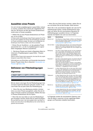 Page 432432
Der projektbezogene Logical-Editor
Auswählen eines Presets
Um sich mit dem projektbezogenen Logical-Editor vertraut 
zu machen, probieren Sie zunächst die mitgelieferten Pre-
sets aus. Sie können sie über das Presets-Einblendmenü 
rechts unten im Fenster auswählen.
Wählen Sie aus dem Presets-Einblendmenü ein Preset 
aus, um es zu laden.
Im Fenster werden die Einstellungen dieses Presets angezeigt. Da ein Pre-
set nicht sofort ausgeführt wird, können Sie die Einstellungen verschiede-
ner Presets...