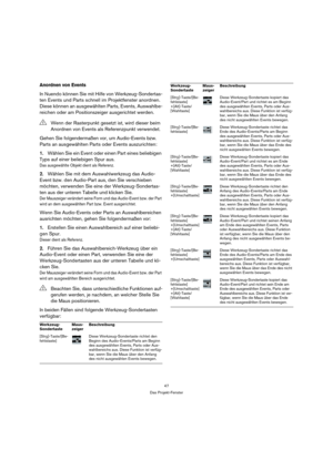 Page 4747
Das Projekt-Fenster
Anordnen von Events
In Nuendo können Sie mit Hilfe von Werkzeug-Sondertas-
ten Events und Parts schnell im Projektfenster anordnen. 
Diese können an ausgewählten Parts, Events, Auswahlbe-
reichen oder am Positionszeiger ausgerichtet werden. 
Gehen Sie folgendermaßen vor, um Audio-Events bzw. 
Parts an ausgewählten Parts oder Events auszurichten:
1.Wählen Sie ein Event oder einen Part eines beliebigen 
Typs auf einer beliebigen Spur aus.
Das ausgewählte Objekt dient als Referenz....