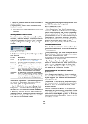 Page 508508
Video
Wählen Sie im Medien-Menü den Befehl »Audio aus Vi-
deodatei extrahieren«.
Im Pool wird ein Audio-Clip erzeugt, aber im Projekt-Fenster werden 
keine Events hinzugefügt.
Wiedergeben einer Videodatei
Videodateien werden auf der Videospur als Events/Clips 
dargestellt. Die Frames des Films werden als Thumbnails 
angezeigt (vorausgesetzt die Option »Video-Thumbnails 
anzeigen« im Programmeinstellungen-Dialog ist einge-
schaltet).
Ein Video-Event auf einer Videospur
In der Spurliste und im...