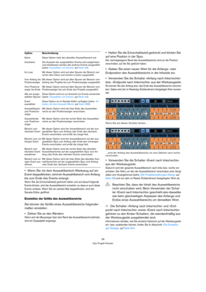 Page 5656
Das Projekt-Fenster
Wenn Sie mit dem Auswahlbereich-Werkzeug auf ein 
Event doppelklicken, wird ein Auswahlbereich vom Anfang 
bis zum Ende des Events erzeugt.
Wenn Sie die [Umschalttaste] gedrückt halten und auf darauf folgende 
Events klicken, wird der Auswahlbereich erweitert, so dass er auch diese 
Events umfasst. Wenn Sie ein zweites Mal doppelklicken, wird der 
Sample-Editor geöffnet.
Einstellen der Größe des Auswahlbereichs
Sie können die Größe eines Auswahlbereichs folgender-
maßen...
