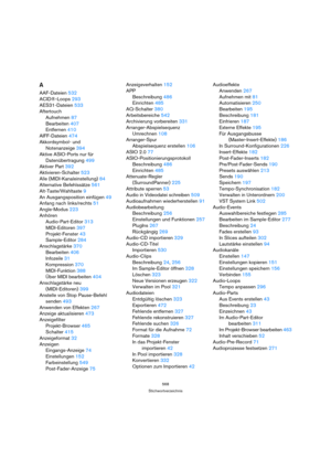 Page 568568
Stichwortverzeichnis
A
AAF-Dateien 532
ACID®-Loops 293
AES31-Dateien 533
Aftertouch
Aufnehmen 87
Bearbeiten 407
Entfernen 410
AIFF-Dateien 474
Akkordsymbol- und 
Notenanzeige 394
Aktive ASIO-Ports nur für 
Datenübertragung 499
Aktiver Part 392
Aktivieren-Schalter 523
Alle (MIDI-Kanaleinstellung) 84
Alternative Befehlssätze 561
Alt-Taste/Wahltaste 9
An Ausgangsposition einfügen 49
Anfang nach links/rechts 51
Angle-Modus 223
Anhören
Audio-Part-Editor 313
MIDI-Editoren 397
Projekt-Fenster 43...